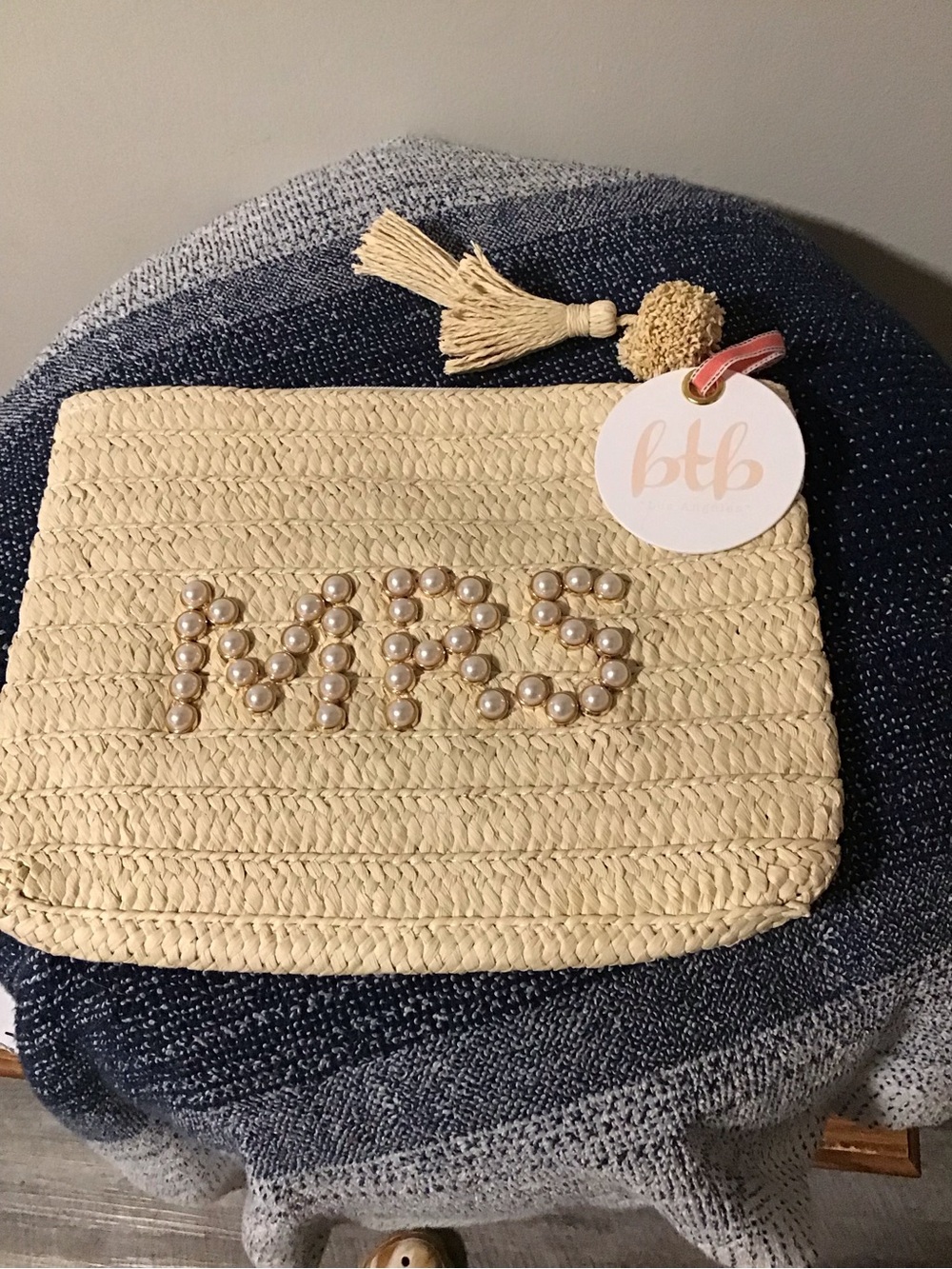 Cream Woven Wristlet Clutch with Pearl 'MRS' Detail